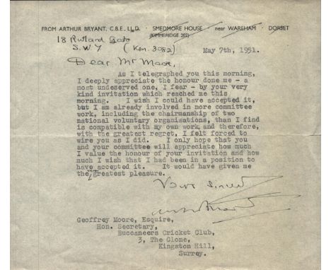 Sir Arthur Bryant CH -Historian TLS dated May 7th, 1951. Sir Arthur Wynne Morgan Bryant, CH, CBE (18 February 1899 – 22 Janua