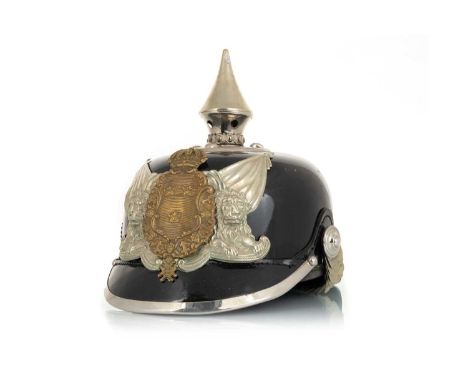 SWEDISH PICKELHAUBE HELMET, with steel spike, leather skull, embossed brass and white metal helmet plate, and leather backed 