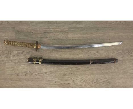 JAPANESE KATANA, with curved blade, copper mount and cast and pierced bronze tsuba, signed tang, cloth bound shagreen grip, i