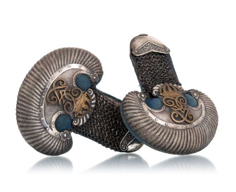 PAIR OF SWEDISH SILVER HORSE GUARD EPAULETTES, MILT:EKIR AKT:BOLAGET, HALLMARKED FOR STOCKHOLM 1896 with brass crown and cyph