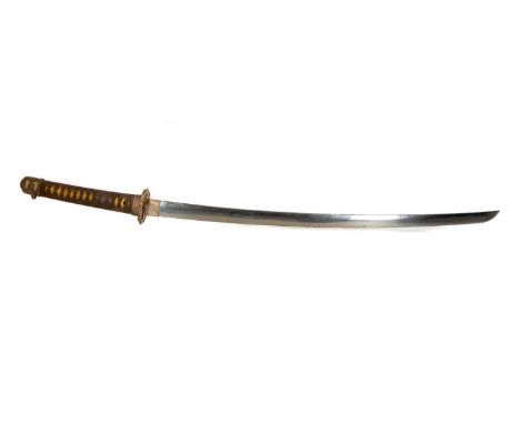 JAPANESE KATANA, BELIEVED WWII-PERIOD SHIN GUNTO with curved blade, white metal mount and parcel gilt tsuba, signed tang, clo