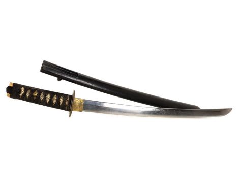 JAPANESE WAKIZASHI, with curved blade, gilt mount and plain bronze tsuba, signed tang, cloth bound shagreen grip, mount furth