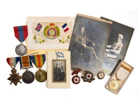 WWI SERVICE MEDAL TRIO AND IMPERIAL SERVICE MEDAL GROUP, ALONG WITH BRITISH RED CROSS MEDALS the first group comprising the 1