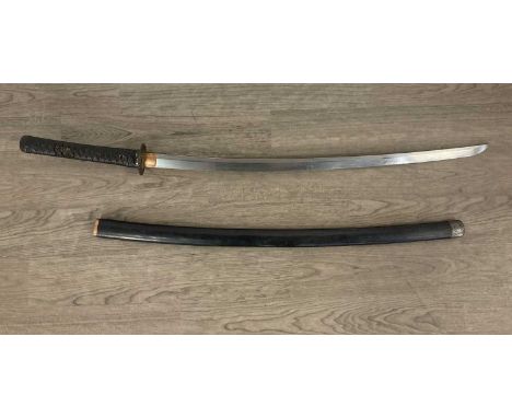 JAPANESE KATANA, with curved blade, copper mount and pierced lobed bronze tsuba, unsigned tang, cane bound shagreen grip, in 