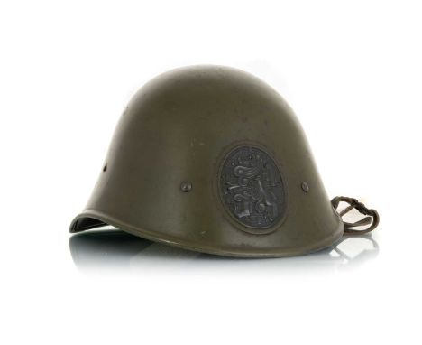 ROYAL NETHERLANDS ARMY STEEL HELMET, CIRCA WWII - PERIOD  with embossed crest, leather lining and chin strapImage of internal