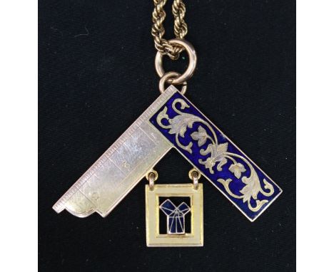 A 9ct gold and enamelled Freemasons square pendant presented to 'W Bro Cecil J. Stafford', on yellow gold, rope twist chain, 