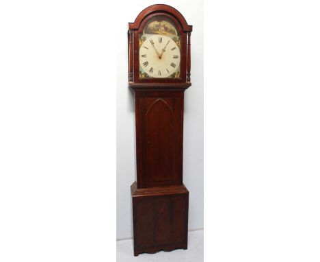 An early 19th century 30-hour longcase clock, striking a bell, 32cm square dial with arched top painted with a thatched cotta