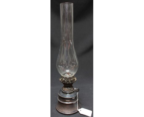 An Edwardian oil lamp, of tapering cylindrical form, with clear glass chimney, lacking shade, Sheffield, 1905, by James Dixon