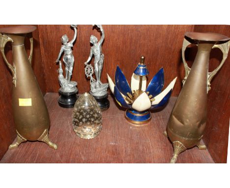 SECTION 47.  A brass and painted enamel musical cigarette holder together with a pair of Spelter allegorical figures, 'Le Com