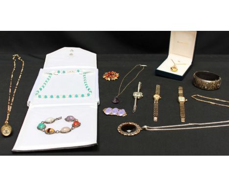 A collection of costume jewellery including three ladies watches, a watch pendant on chain, a pearl and turquoise necklace, a