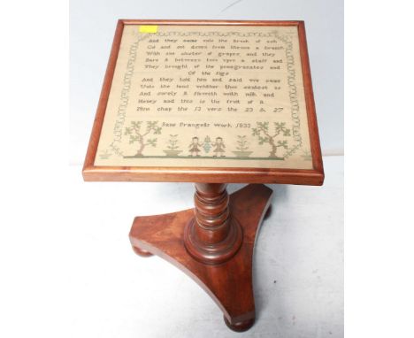 A Victorian mahogany tilt top occasional table, the square top inset with a William IV sampler of bible verse by Jane Prangel