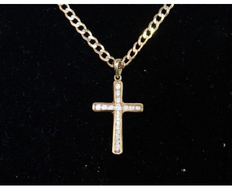 A 9ct gold and diamond mounted cross on chain, the cross with channel set diamonds, on a curb link chain. Total weight 7.7 gr