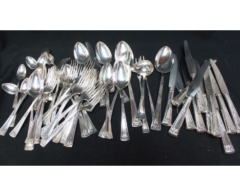ADDENDUM, NOT WMF: A continental silver plated canteen of cutlery, comprising 12 dinner knives, forks, spoons and tea spoons,
