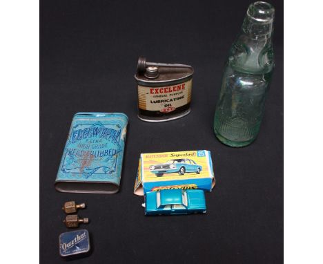 A Matchbox Cortina GT die cast toy car; a Baggs Brothers of Portsmouth Codd bottle; an oil tin; a cigarette tin and a pair of