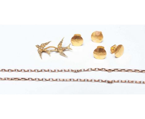 Four 22ct gold dress studs, 7.4g, a 15ct gold and seed pearl swallow brooch, 3.3g, and a 9ct gold chain, 4.7g, all weights ap