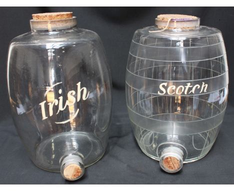 Two large early 20th century glass barrels 'Scotch' and 'Irish', the Scotch barrel marked to 16 pints, and with banded decora