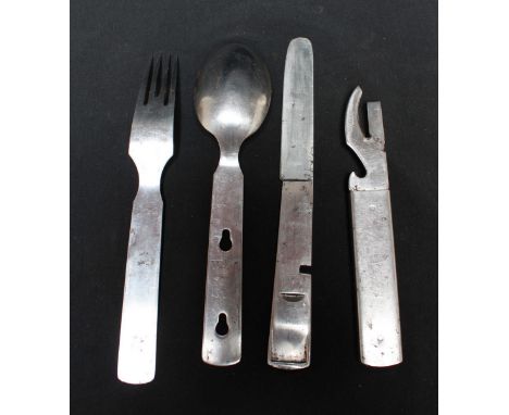 A WW2 Nazi field cutlery set of fork, knife, spoon and can opener, marked ESM 41, with Imperial German Eagle and swastika.