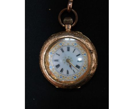 A ladies 14ct gold open-face pocket watch with 9ct gold Alberta chain