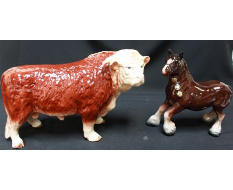 A large Melba ware porcelain standing Herefordshire bull, 40 cm long; together with a Melba ware Cobb horse, 24 cm long. (2)