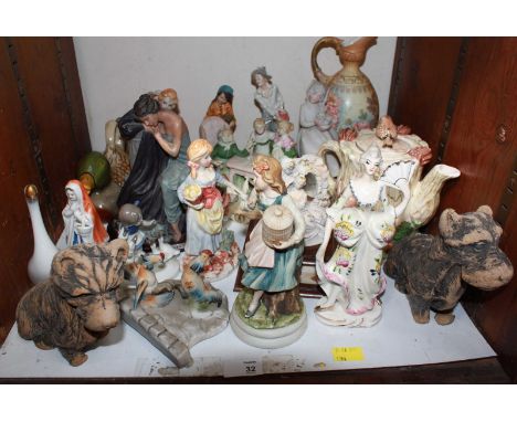 SECTIONS 32-34. Three shelves of assorted ceramics, including a Doulton jardinière (AF), figurines, cups, saucers, a large ju