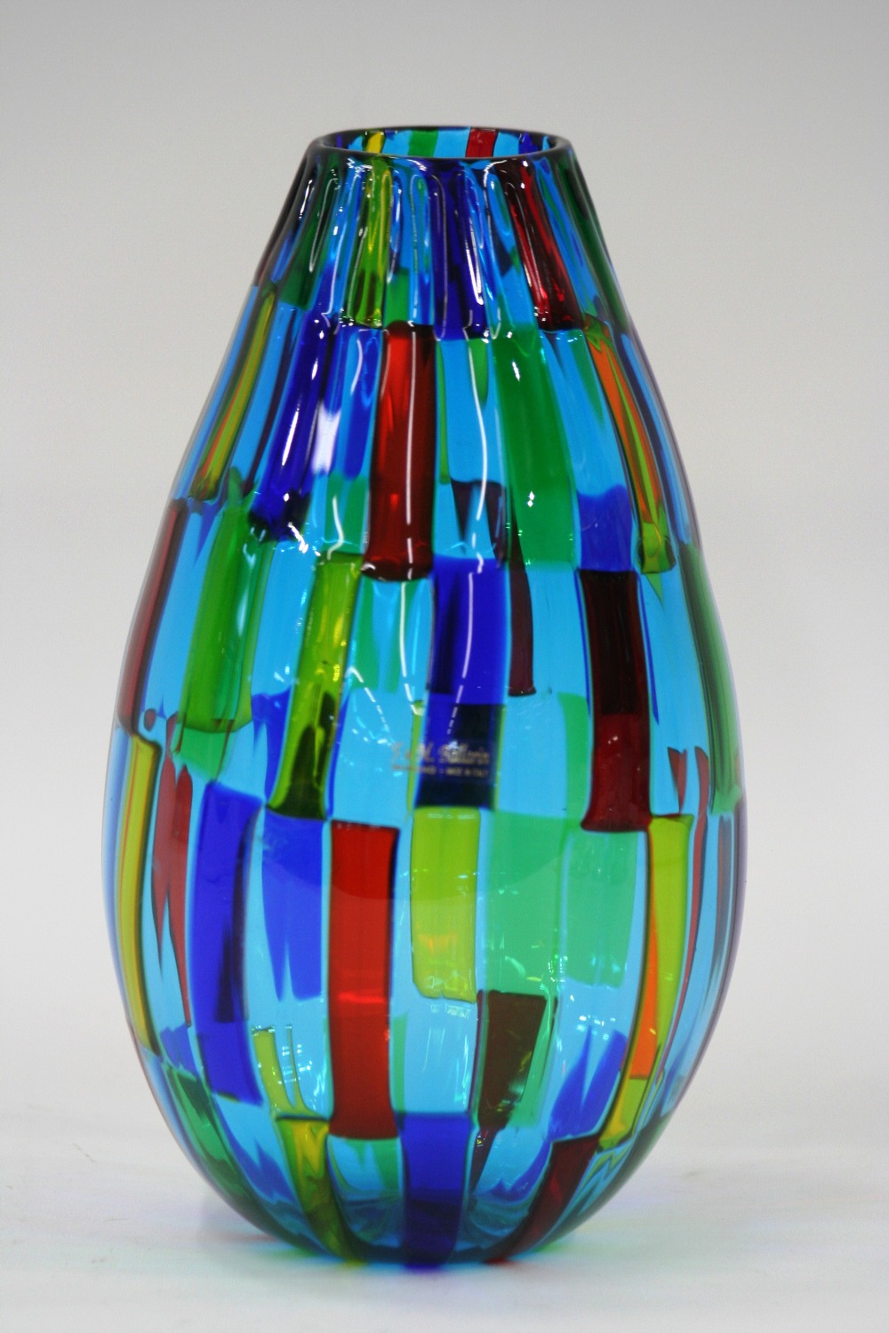 A F M Ballarin Murano Multi Coloured Glass Vase Signed To Base With Original Label 26cm