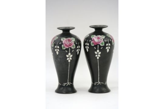 A Pair Of Shelley Vases Decorated With Roses On Black Ground