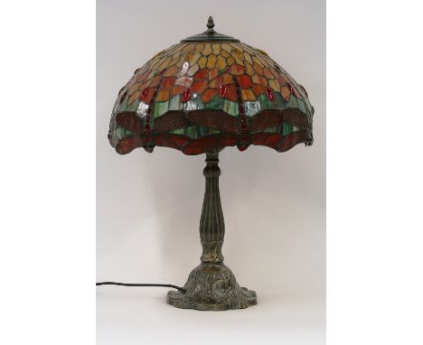 A Tiffany style table lamp and shade, decorated with dragonflies (AF), 62cm in extremes 