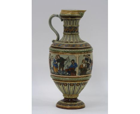 A Mettlach pottery ewer, decorated with figures merrymaking and playing musical instruments, various impressed marks to base,