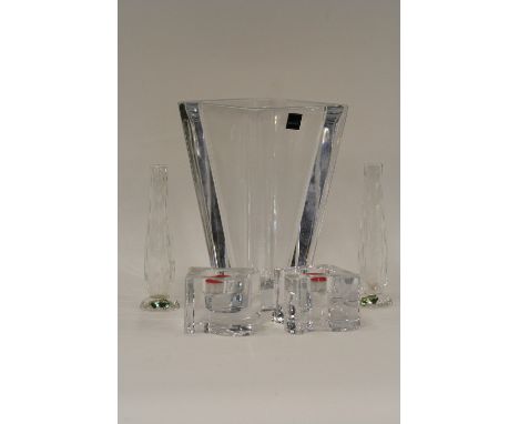 Rogaska heavy glass vase, of lozenge form, 25cm; a pair of Waterford glass bud vases with original labels, 18cm; and a pair o