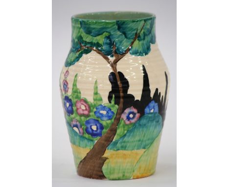 A Clarice Cliff vase, hand painted with flowers and trees, mark to base, 'Hand Painted Bizarre by Clarice Cliff, Wilkinson, E