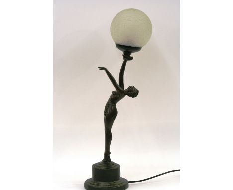 An Art Deco style figural table lamp, with crackle glass shade, 66cm in extremes 