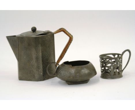 Archibald Knox, Tudric pewter cream jug decorated with stylised flowers, mark to base 0231 Tudric, 5.5cm high; and Orivit pew
