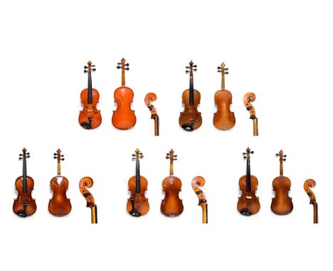 Four Violins &amp; A Viola Viola 15 1/8'' two piece back labelled 'Made in Hungary' cased with bow (varnish marked with postc