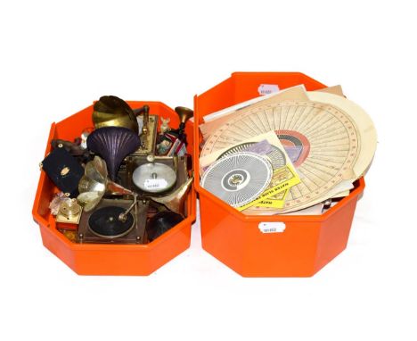 Gramophone Accessories And Collectables: including two crest china horn gramophone models; a hornless example; a wireless hor
