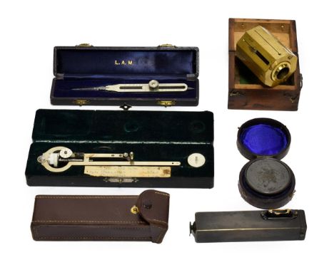 Various Instruments Stanley brass cross staff, LAM Scale Dividers, Reynolds Optical Square, small Planometer and a Locators l