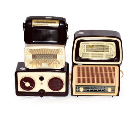 Popular Continental Wireless Receivers: including PYE PE98U-LW three band receiver in maroon and cream bakelite case; a Figar