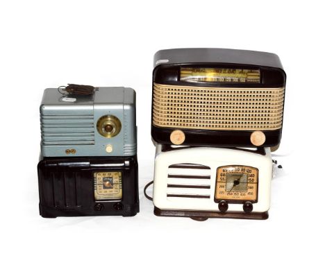 A Good Arkay Valve Wireless Receiver, in stepped and curved Art Deco brown Bakelite case, refitted back; a 1946 American Farn