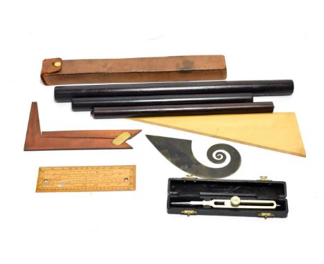 Various Drawing Instruments including Scale dividers, W H Harling 'The Clinograph', spiral rule, rectangular protractor, set 