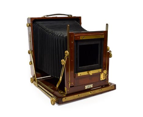 Gandolfi Large Format Plate Camera 8x10'' with mahogany body and brass fitting, black bellows have some splits, and maker pla