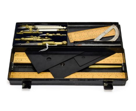 Drawing Instrument Set with two layers in steel case, three pens one marked Army &amp; Navy O.S.L., wooden scales and three s