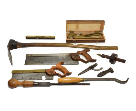 Various Woodworking Tools including an adze 31'' long width of blade 3 7/8'', tenon saw G O P Preston Sheffield and Doncaster