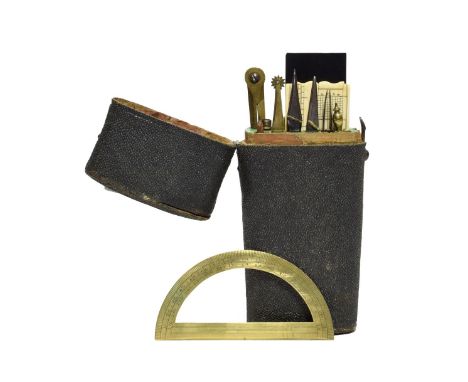 Drawing Set In Fishskin Case with brass and steel instruments, ivory rule, ivory sector by R Bakewell, parallel and brass pro