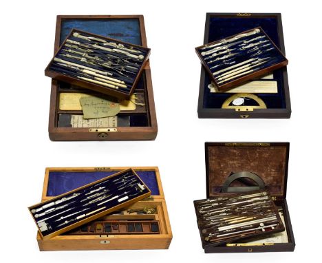 Drawing Instrument Sets (i) A G Thornton three layers with brass protractor and plaque to lid ' Thompson Prize R Povey Horwic