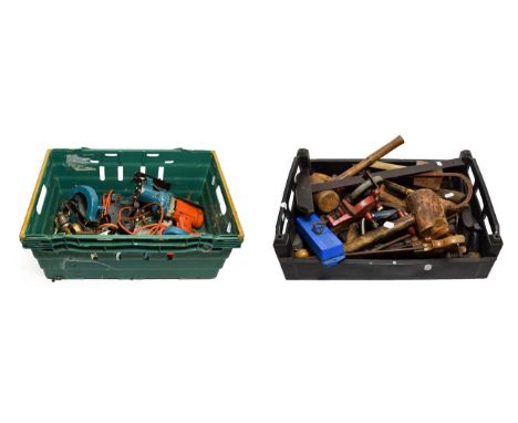 Selection Of Tools including various saws (tenon) drills, mallets and bench mounted hand grinder; together with some electric