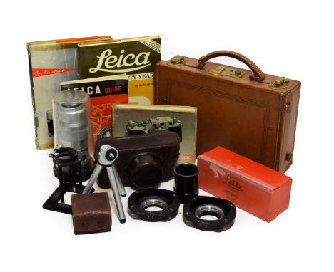 Leica III Camera no.116798 with Leitz Wetzlar Summar f2 50mm lens, in leather case; together with Leitz Hektor f4.5 135mm len
