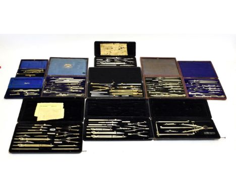 Drawing Instrument Sets ten assorted cased sets including Riefler, one with ivory parallel 'Davis &amp; Son' and scale rule, 