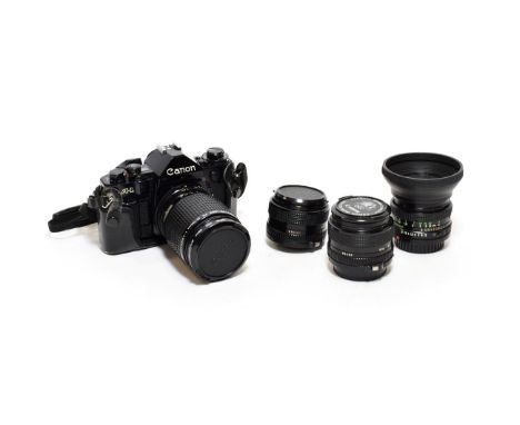 Canon A1 Camera no.2064443, with FD lenses: f3.5-4.5 35-105mm, f2.8 35mm, f2.8 28mm and f1.8 50mm