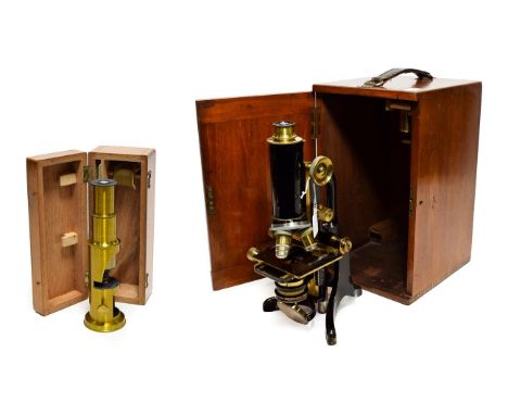 C Baker (Holborn, London) Microscope with three lens turret, condenser, plano-concave mirror, fine/course focusing on tilting
