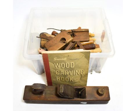 Various Woodworking Tools including four wooden planes, various chisels, gouges and carving tools; together with a wood carvi