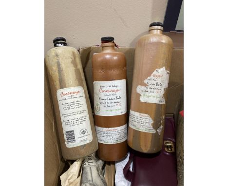 THREE EWEN LUCAS BOLS CERAMIC BOTTLES, along with vintage handbag, a dolls tea service and another tea service